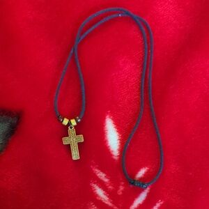 Wood Cross Pendant Necklace with Blue/Black Cord